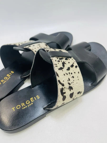 Torgeis New York Sz 7 Epona Slide Sandals Black Leather Pony Calf Hair #FEI1059